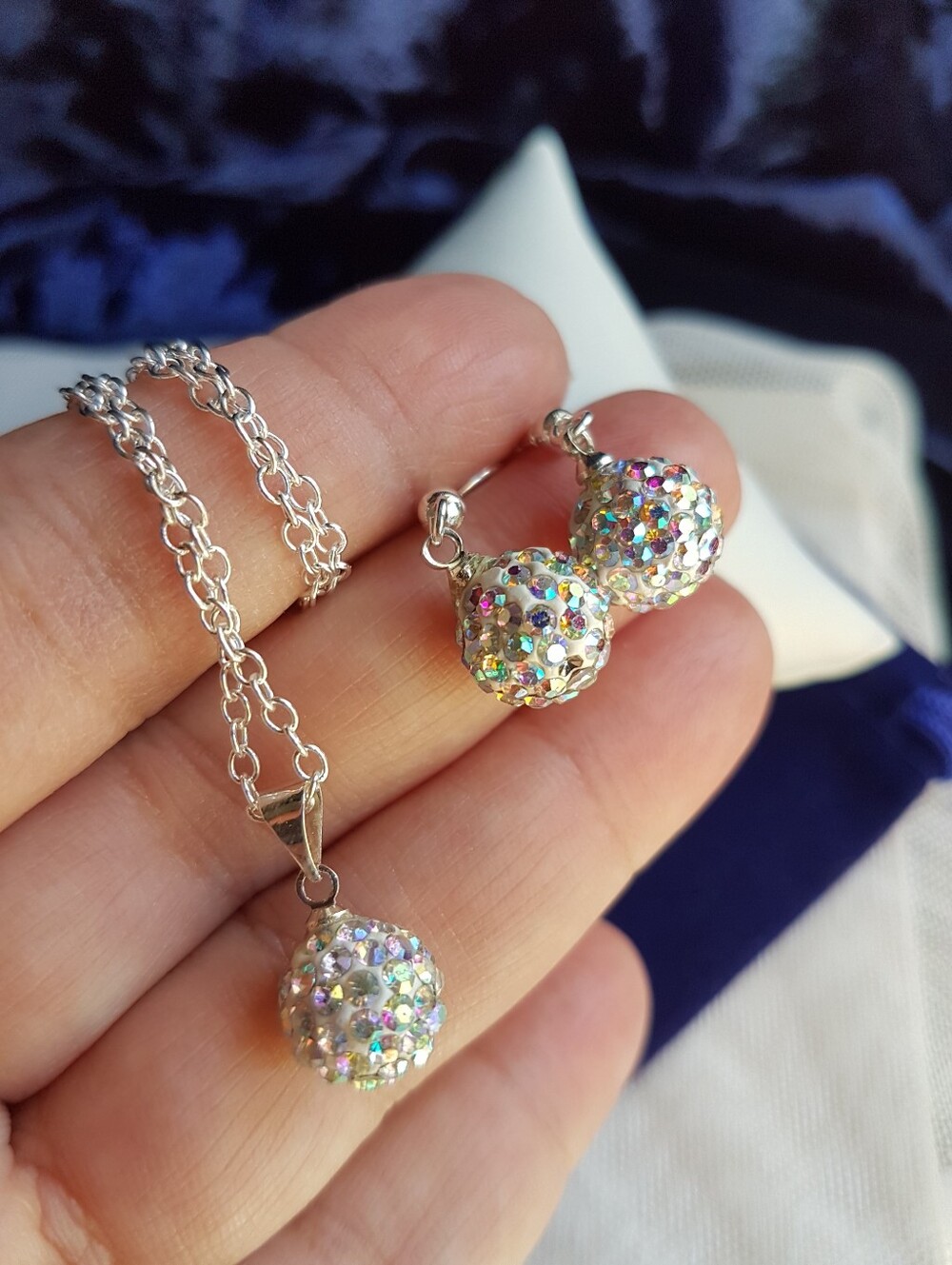 Swarovski Elements 925 Sterling Silver Aurora Borealis Disco Ball Necklace NEW - Picture 15 of 16